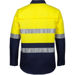 A high-visibility long-sleeve work shirt featuring bright yellow and navy colours with reflective stripes.