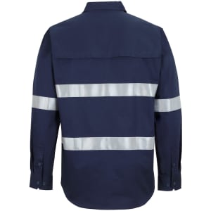 A navy long-sleeve work shirt featuring reflective tape on the back. Includes a logo.