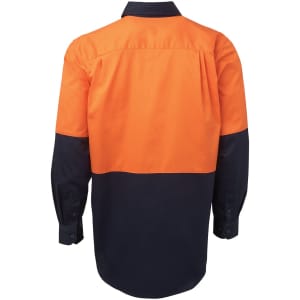 A long-sleeve work shirt in orange and navy blue, featuring a logo on the back. Designed for workwear use.