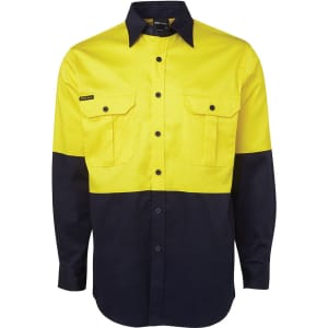 A long-sleeve work shirt in yellow and navy, featuring two front pockets and a logo on the chest.