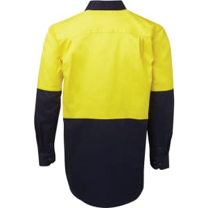 A long-sleeve work shirt in high-visibility yellow and navy blue, featuring a back view and a logo.