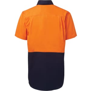 A short-sleeved work shirt featuring an orange upper section and a navy blue lower section, complete with a logo.