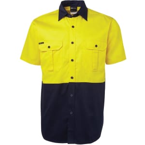 A short-sleeved work shirt in bright yellow and navy blue with two front pockets and a logo.