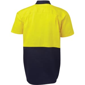 A short-sleeved work shirt in high visibility yellow and navy, featuring a logo on the front.