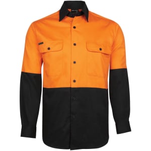 A long-sleeve work shirt in bright orange and black, featuring two front pockets and a logo.