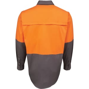 A long-sleeve work shirt in orange and grey, featuring a back yoke and a logo on the fabric.
