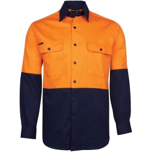 A long-sleeved work shirt featuring orange and navy colours with two chest pockets and a logo.