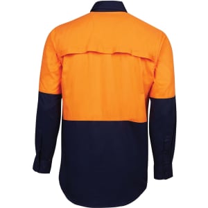 A vibrant orange and navy long-sleeve work shirt with a back flap and buttoned cuffs. Features a logo.