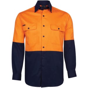 An orange and navy blue long-sleeve work shirt with two front pockets and a logo.