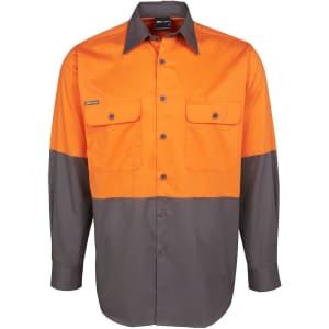 A long-sleeve work shirt in orange and grey with two front pockets and a logo.