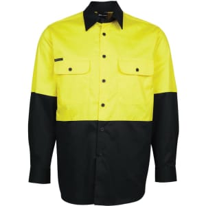 A work shirt featuring a high-visibility yellow upper half and a black lower half, with two front pockets and a logo.