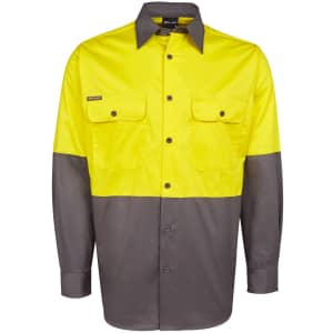 A long-sleeve work shirt in high-visibility yellow and grey with two chest pockets and a logo.