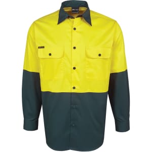 A long-sleeved work shirt featuring a yellow upper half and dark green lower half, with two chest pockets and a logo.