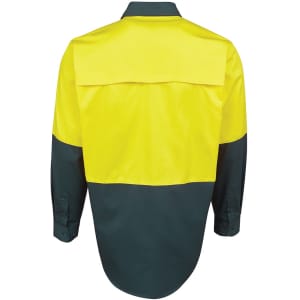 A long-sleeved shirt in fluorescent yellow and dark green, featuring a split colour design and a back yoke.
