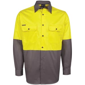 A long-sleeve work shirt in high-visibility yellow and grey, featuring a logo and two front pockets.