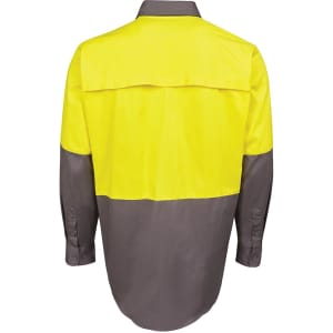A long-sleeve work shirt in high-visibility yellow and grey, featuring a back vent and buttons.