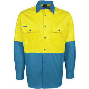 A long-sleeve work shirt in bright yellow and blue, featuring two front pockets and a logo on the chest.