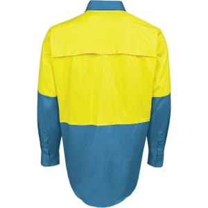 A long-sleeved work shirt in bright yellow and blue, featuring a back yoke panel and buttoned cuffs.