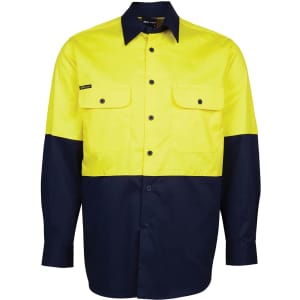 A high-visibility long-sleeve work shirt in bright yellow and navy blue, featuring two chest pockets and a logo.