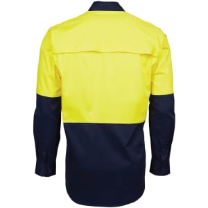 A long-sleeved work shirt in high visibility yellow and navy blue, featuring a back yoke and a logo.