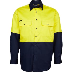 A long-sleeved work shirt in high visibility yellow and navy, featuring two chest pockets and a logo.