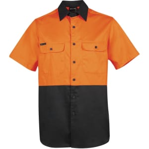 An orange and black short-sleeve work shirt with two front pockets and a logo.