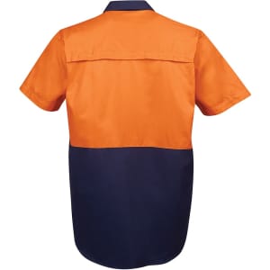 An orange and navy short-sleeved work shirt with a logo on the back.