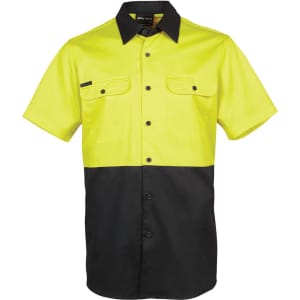 A short-sleeved work shirt in bright yellow and black, featuring a button-up front and two chest pockets.