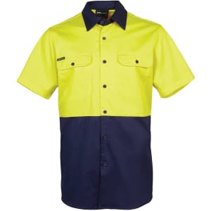 A short-sleeved work shirt in bright yellow and navy blue with two front pockets and a brand logo.