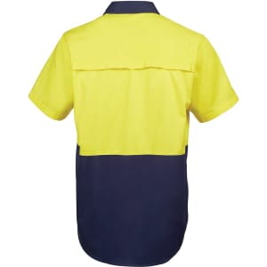 A short-sleeved work shirt in vivid yellow and navy, featuring a hidden pocket and brand logo.