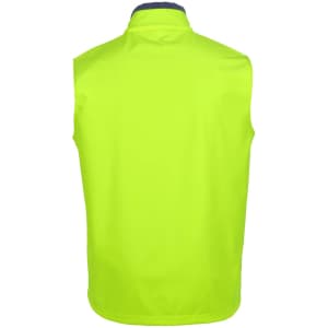 A lime and navy three-layer softshell vest with a collar and no sleeves, featuring a branding logo.