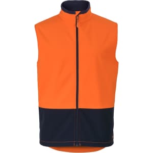 A three-layer softshell vest in lime and navy, featuring a zip front and a logo. Ideal for workwear.