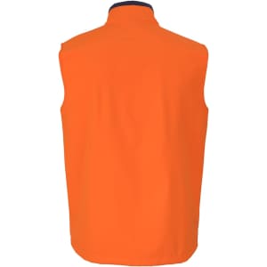 A three-layer softshell vest in lime and navy, featuring a high collar and sleeveless design. It has a logo.