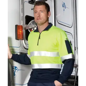 A fleecy sweat in fluorescent yellow and navy, featuring a zip neck and reflective stripes. Includes a branding logo.