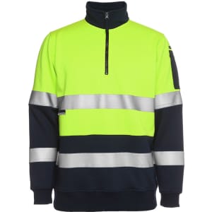 A high-visibility fleecy jumper in fluorescent yellow and navy blue, featuring reflective stripes and a zip collar.