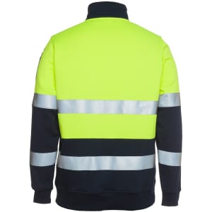 A high-visibility fleece jumper in bright yellow and navy, featuring reflective stripes. It has a branding logo.