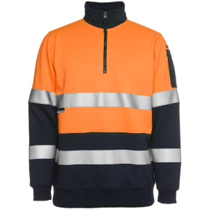 A half-zip fleece jumper in orange and navy with reflective stripes and a logo on the sleeve.