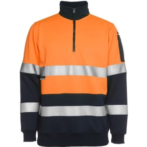 A high-visibility fleece jumper with an orange body and navy blue sleeves, featuring reflective strips and a zip collar.