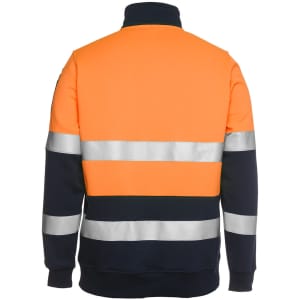 A fleecy sweat in orange and navy, featuring reflective stripes and a high collar. The back view showcases the design.