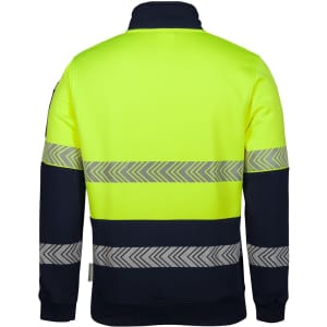 A fleecy work jumper featuring a high-visibility yellow front and navy sleeves with reflective stripes. It has a branding logo.