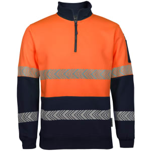 A work jumper featuring an orange and navy design, with reflective segmented tape stripes and a zippered neck.