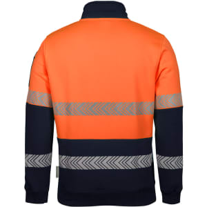 A segmented fleece jumper in orange and navy, featuring reflective stripes and a collar. It has a logo on the sleeve.