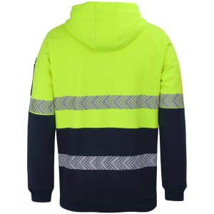 A high-visibility hoodie in bright yellow and navy, featuring segmented reflective tape and a hood. Includes a logo.