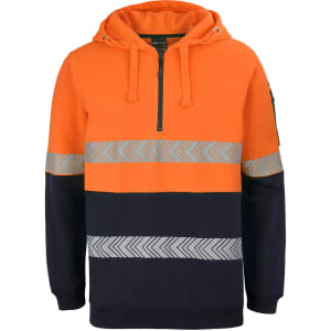 An orange and navy hoodie with segmented reflective tape and a front half-zip design. The hoodie features a hood and has a logo.