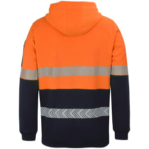 A segmented hoodie featuring orange and navy colours, with reflective tape across the back. Includes a hood.