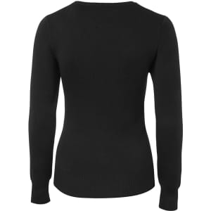 A black knitted jumper featuring a ribbed hem and long sleeves, with a logo on the back.