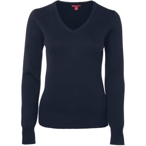 A dark navy ladies' knitted jumper featuring a V-neck and long sleeves. It has a subtle branding detail.