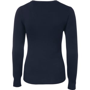 A navy blue ladies' knitted jumper featuring a fitted design and long sleeves, with a ribbed hem and cuffs.
