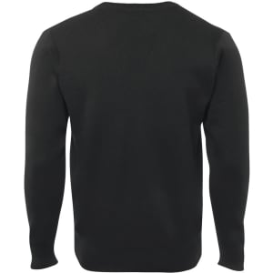 A black knitted jumper with long sleeves and a simple design, featuring a back view. It has a branding logo.