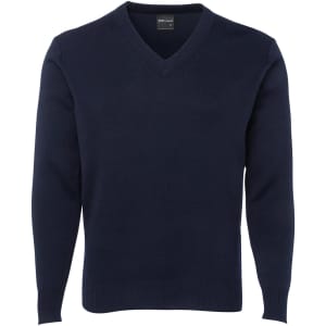 A knitted jumper in navy blue with a V-neck design and long sleeves. It features a logo on the label.